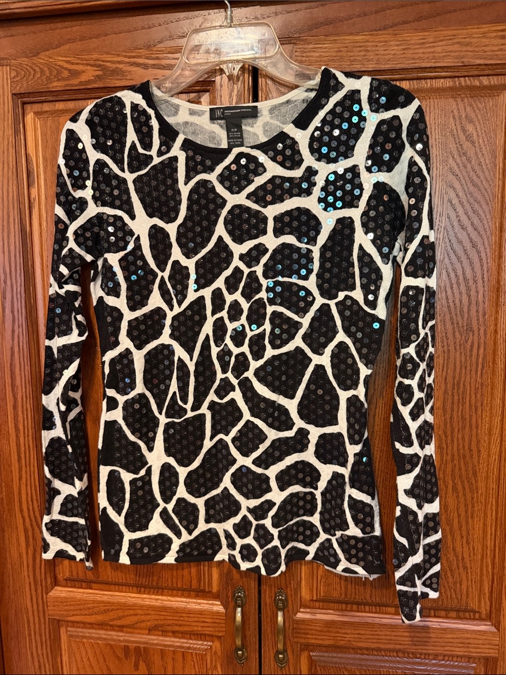 INC International Concepts Black and White Sequin Giraffe-Print Long Sleeve Top
